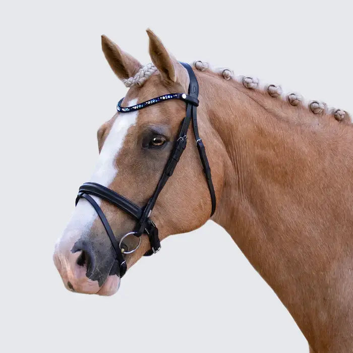 Demi Hanoverian bridle on a chestnut horse, featuring a blue crytal browband and classic matte noseband.