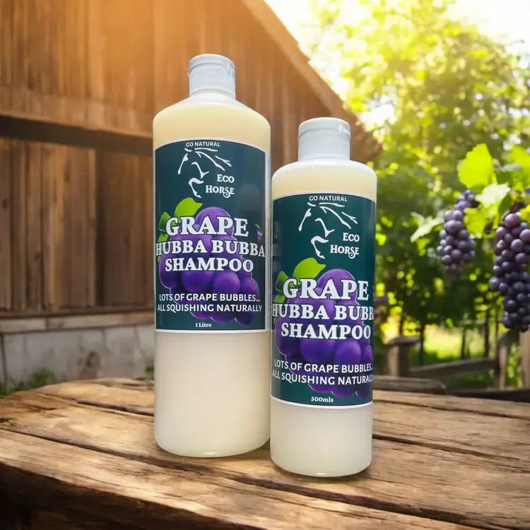Eco Horse Grape Hubba Bubba Shampoo bottles, 500ml and 1L, natural shampoo with grape scent and bubbly goodness.