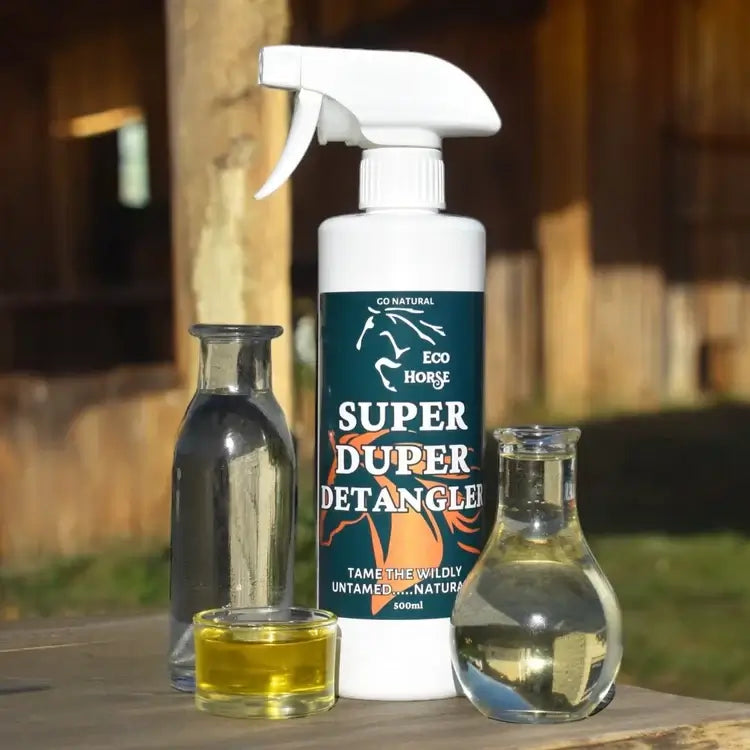 Eco Horse Super Duper Detangler spray bottle with natural ingredients for untamed horse manes.