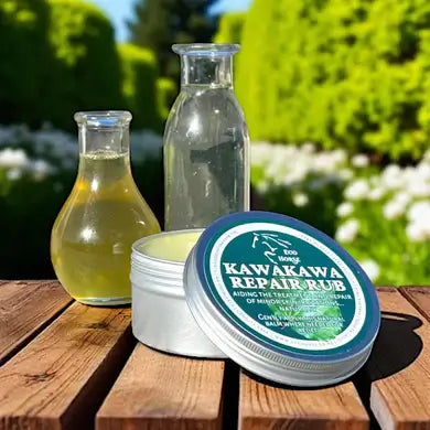 Eco Horse Kawakawa Restore in a silver tin with bottles on wooden table, perfect for soothing and restoring horse skin.