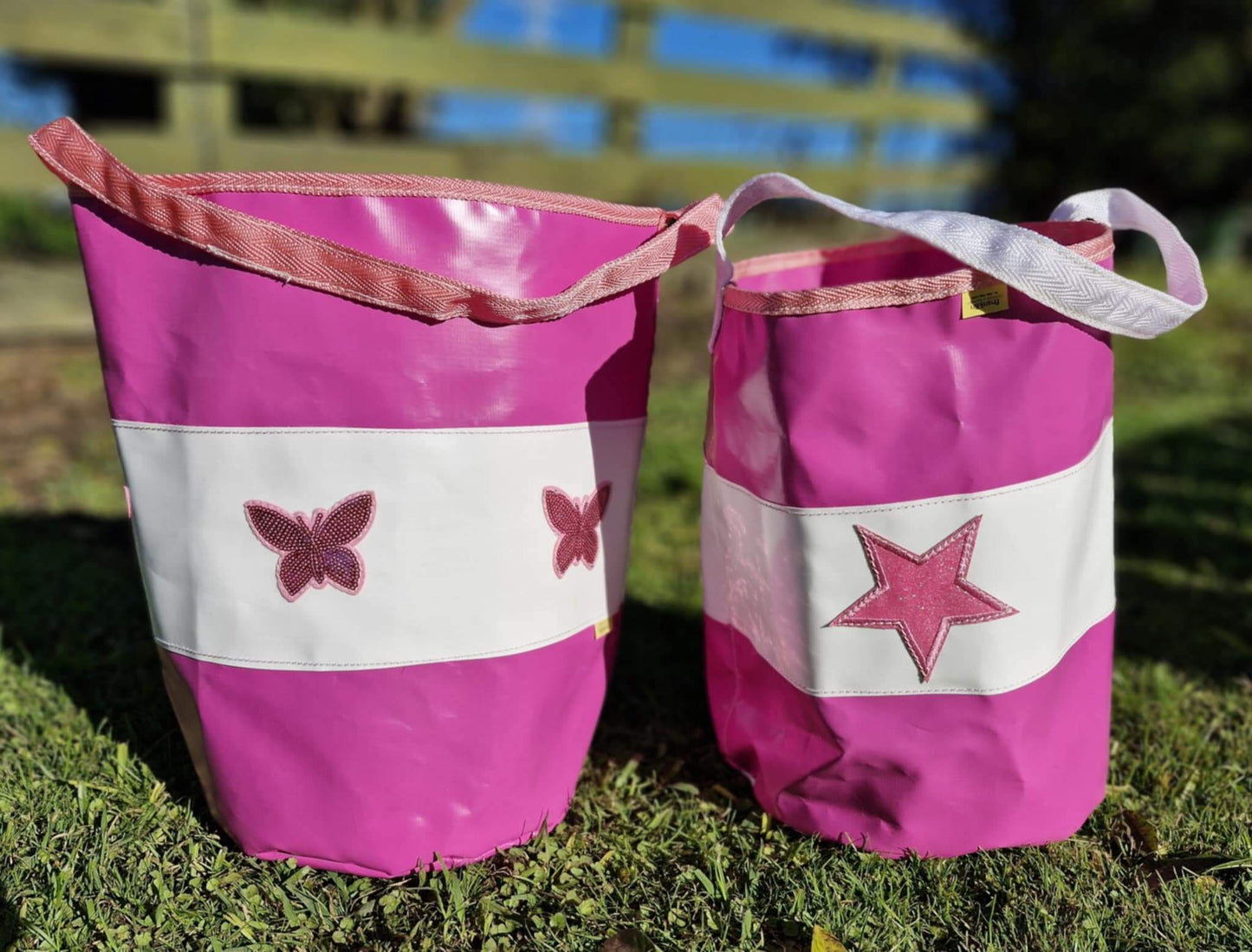 FCR Grooming Bags in pink with butterfly and star designs, perfect for organizing horse grooming essentials.