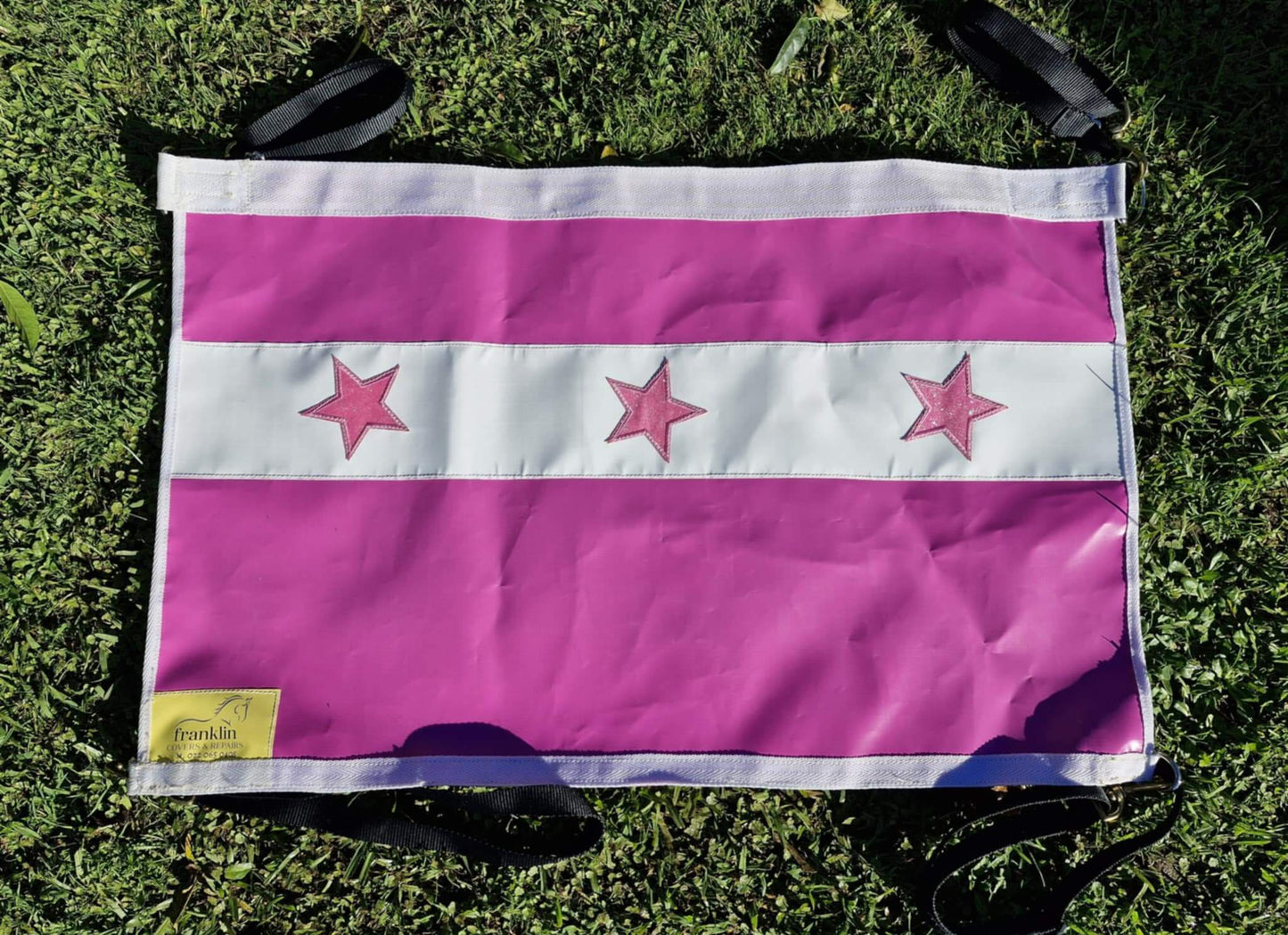 FCR Yard Gate in pink with white and red stars, designed for horse safety and yard use, made from durable PVC.