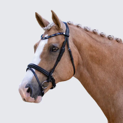 Demi Hanoverian bridle on a chestnut horse, featuring a blue crytal browband and classic matte noseband.