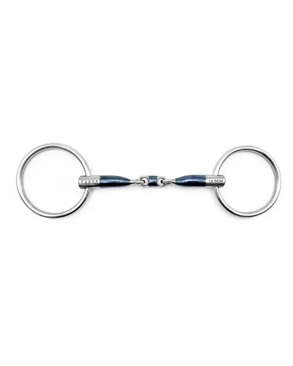 Fager Conny sweet iron double jointed bit with smooth rings for horses needing gentle encouragement.