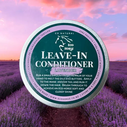 Eco Horse Leave-In Conditioner jar with lavender backdrop, featuring natural ingredients for healthy mane and tail.