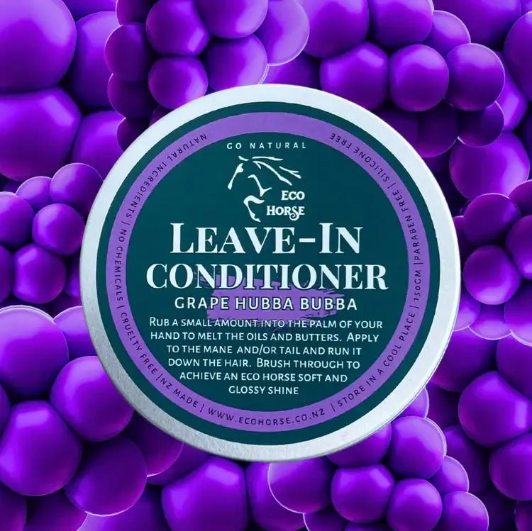 Eco Horse Leave-In Conditioner for Mane and Tail; natural ingredients; Grape Hubba Bubba scent; promotes softness and shine.