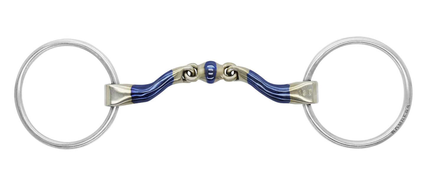 Bombers McHardy Elliptical Loose Ring bit with a medium-sized port and flattened lozenge for improved pressure distribution.