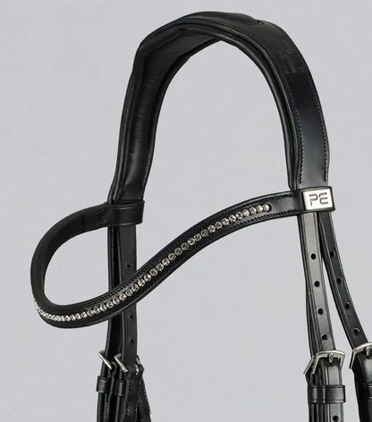 Detail of PE Rivere Anatomical Bridle with elegant padded headpiece and decorative browband, made from premium leather.