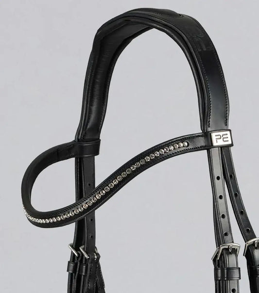 Detail of PE Rivere Anatomical Bridle with elegant padded headpiece and decorative browband, made from premium leather.