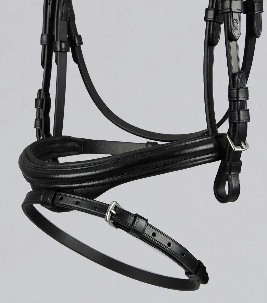 Black PE Rivere Anatomical Bridle showcasing high-quality Italian leather and anatomically shaped design for horse comfort.