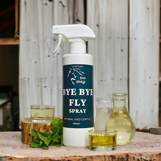 Eco Horse Bye Bye Fly Spray bottle with natural ingredients on a rustic background, perfect for horse fly repellent.