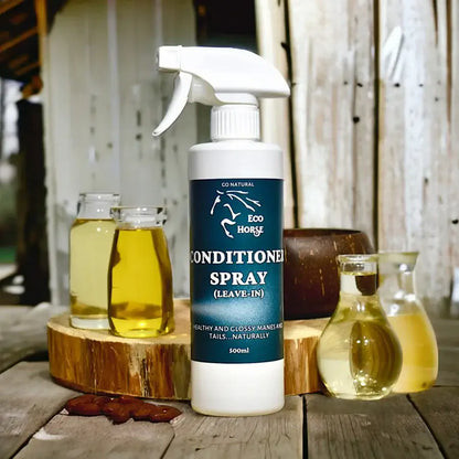 Eco Horse Conditioner Spray bottle on wooden table with essential oils, promotes shiny manes and tails.