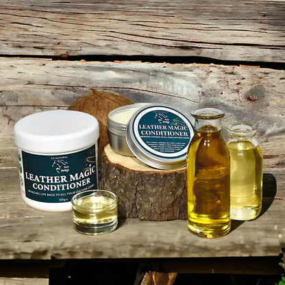Eco Horse Leather Magic Conditioner jars and oil bottles on a wooden background, highlighting natural leather care.