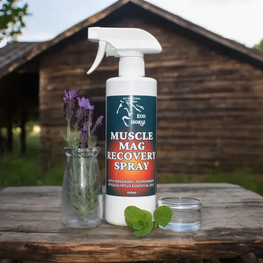 Eco Horse Muscle Mag Recovery Spray bottle with lavender and mint in a rustic outdoor setting.