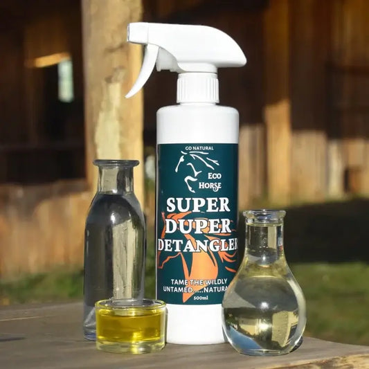 Eco Horse Super Duper Detangler spray bottle with natural ingredients for untamed horse manes.