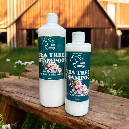 Eco Horse Tea Tree Shampoo bottles in natural setting, showcasing all-natural antibacterial wash for horses.