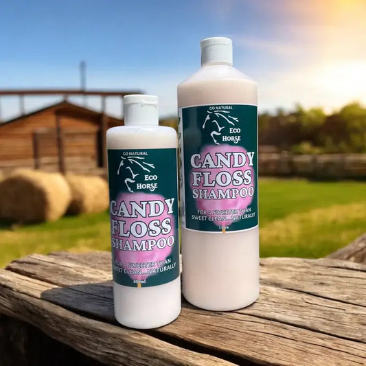Eco Horse Candy Floss Shampoo bottles with a sweet candy scent, perfect for clean, soft pony coats.