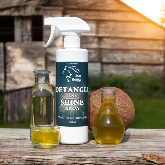Eco Horse Detangle & Shine Spray displayed with natural ingredients, promoting healthy mane and tail care.