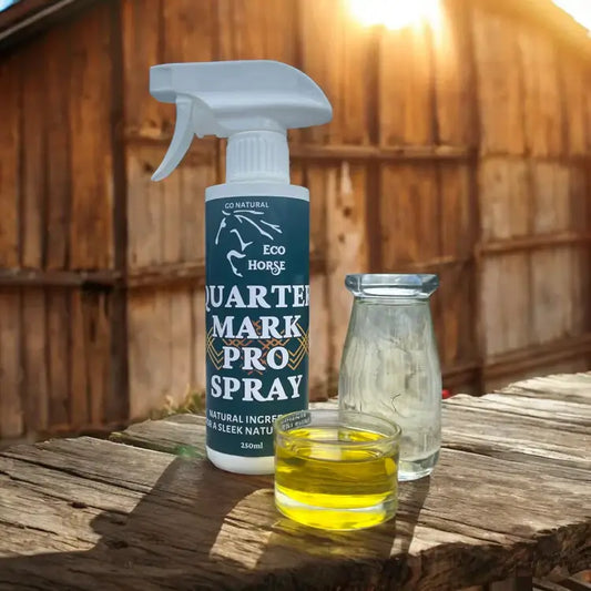 Eco Horse Quarter Mark Pro Spray bottle with natural ingredients on a wooden background, promoting sleek and shiny horse coat.