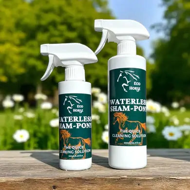 EcoHorse Waterless Sham-Pony no-rinse shampoo bottles for quick cleaning solution, perfect for spot cleaning.