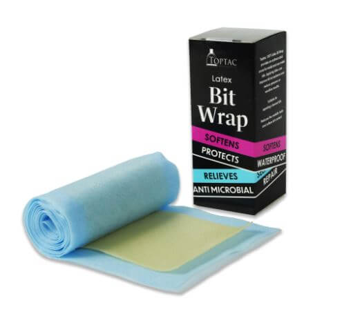 Toptac Bit Wrap in blue latex, designed to soften and protect horse bits, featuring antimicrobial and waterproof properties.